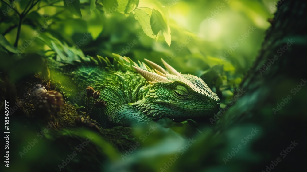 A vibrant green creature rests among lush foliage. Its intricate scales blend seamlessly with the natural environment. Nature and fantasy unite in this stunning portrayal. Generative AI A vibrant green creature rests among lush foliage. Its intricate scales blend seamlessly with the natural environment. Nature and fantasy unite in this stunning portrayal. Generative AI