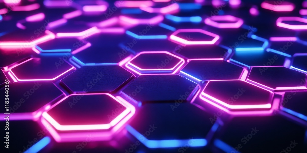 Bright hexagonal neon lights set against a deep, dark backdrop create a striking visual contrast that captures attention. Bright hexagonal neon lights set against a deep, dark backdrop create a striking visual contrast that captures attention.