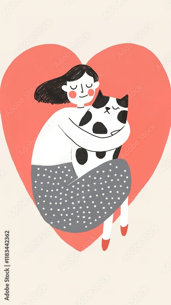 Fototapeta premium A whimsical illustration of a woman embracing a cat, surrounded by a heart, symbolizing love and companionship.