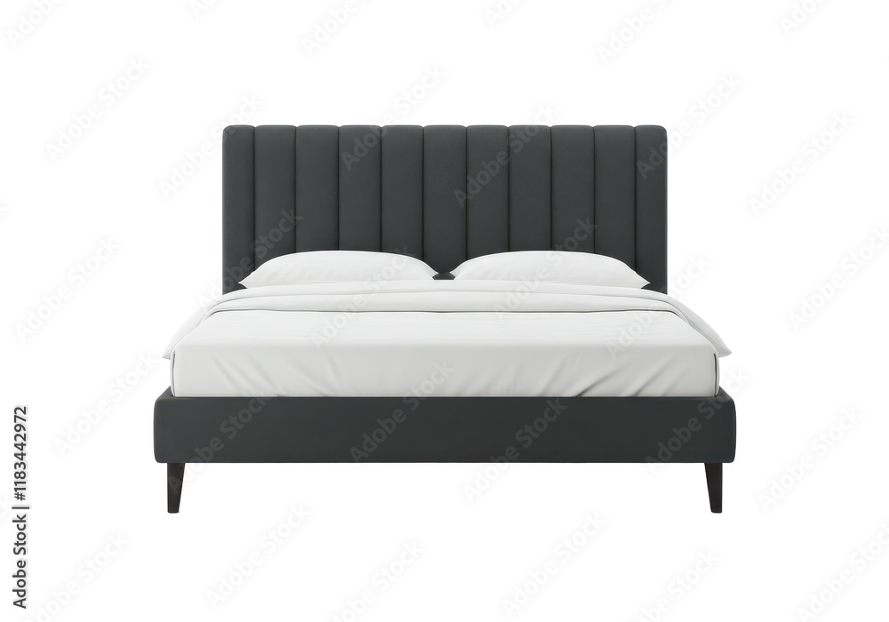 Sleek dark gray upholstered bed with a vertically padded headboard and white bedding, isolated on white background