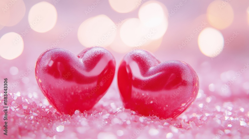 Obraz premium A pair of glossy red hearts against a soft pastel background, depicting love, connection, and intimate moments.