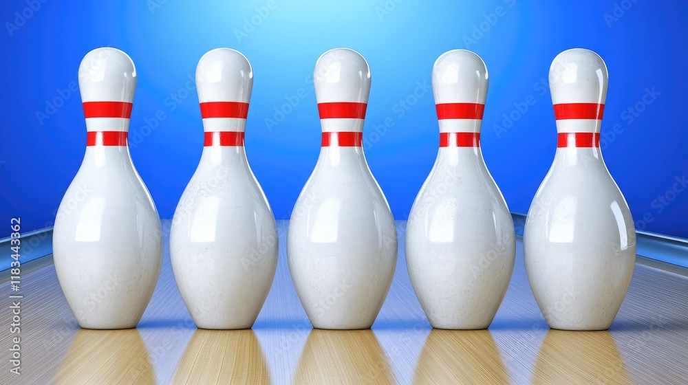 A set of freshly painted bowling pins standing upright at the end of a brightly lit bowling lane A set of freshly painted bowling pins standing upright at the end of a brightly lit bowling lane