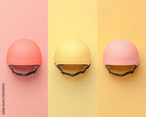 Colorful helmets displayed against pastel backgrounds, creating a vibrant and playful aesthetic. photo