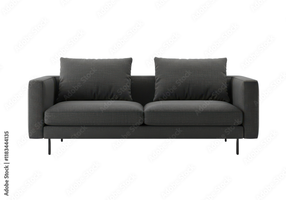 Fototapeta premium Minimalist dark gray fabric sofa with two large cushions and square armrests, isolated on white background
