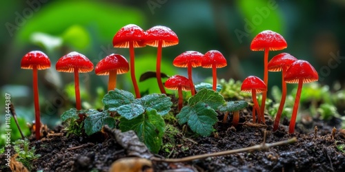 Little red mushrooms camouflaged in their surroundings, showcasing nature s beauty. These little red mushrooms create a vibrant contrast against the earth, hiding in plain sight. photo