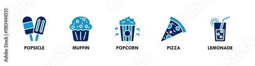 Birthday and Party banner web icon illustration concept with icon of popsicle, muffin, popcorn, pizza, and lemonade