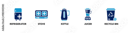 Kitchen Set banner web icon illustration concept with icon of refrigerator, stove, kettle, juicer, and recycling bin