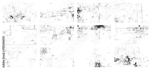 Overlay textures set stamp with grunge effect. Old damage Dirty grainy and scratches. Set of different distressed black grain texture. Distress overlay vector textures.	