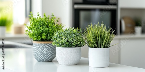 Artificial plants in pots arranged on a white countertop enhance the kitchen s aesthetic, showcasing the beauty of artificial plants that require no maintenance while adding a fresh look. photo