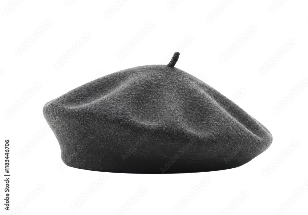 Stylish dark gray wool beret with a soft texture and a small stem on top, isolated on white background Stylish dark gray wool beret with a soft texture and a small stem on top, isolated on white background