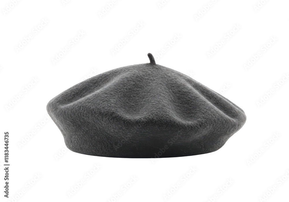 Stylish dark gray wool beret with a soft texture and a small stem on top, isolated on white background Stylish dark gray wool beret with a soft texture and a small stem on top, isolated on white background
