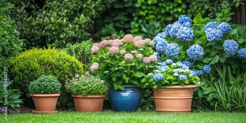 Wallpaper Mural Colorful potted plants enhance the backyard, featuring various shrubs, hedges, and grass. These potted plants include clay, plastic, ceramic, and wooden options with hosta, hydrangea, and more. Torontodigital.ca