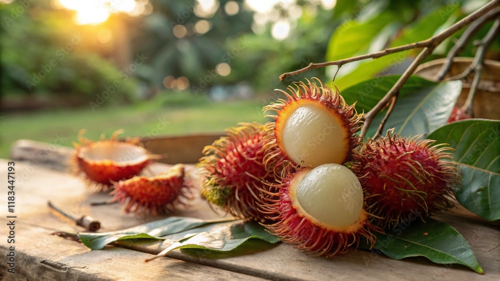A delicious nice looking rip rambutan keep in a natural sunshine place with broken itself. A delicious nice looking rip rambutan keep in a natural sunshine place with broken itself.