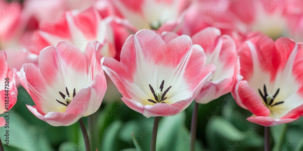 Obraz premium Tulip hybrids feature striking petals in a chic blend of pink and white. These blooming tulips create a beautiful floral backdrop with their sharp detail against a softly blurred background.