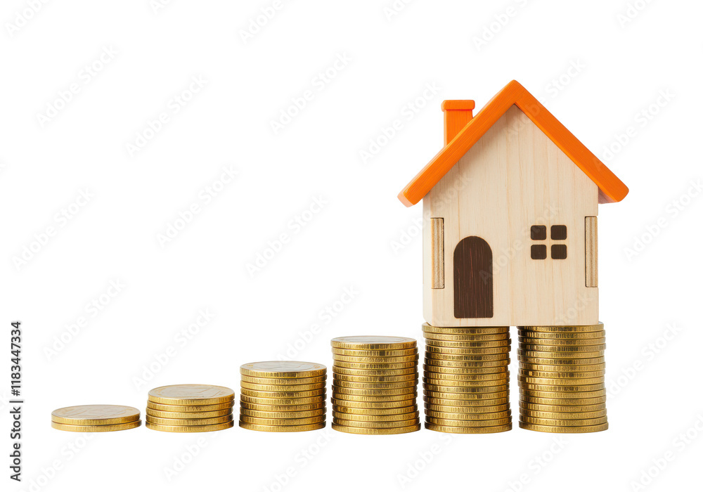 wooden miniature house with an orange roof balanced on stacks of golden coins, symbolizing real estate and financial growth, isolated on white background wooden miniature house with an orange roof balanced on stacks of golden coins, symbolizing real estate and financial growth, isolated on white background