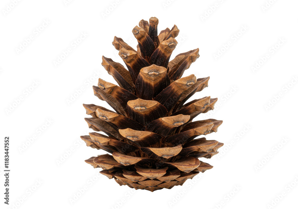 Natural brown pine cone with visible textured scales, isolated on white background Natural brown pine cone with visible textured scales, isolated on white background
