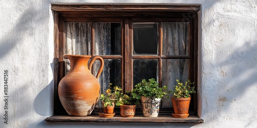 Antique jug botijo displayed in the window of a traditional home, showcasing the charm and heritage of a typical botijo along with rustic architectural details. photo