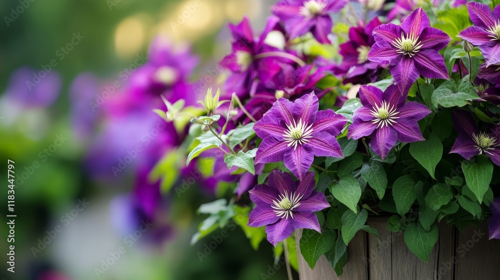Blooming clematis flowers create a stunning display in the garden, showcasing the beauty of clematis throughout the vibrant landscape. Enjoy the splendor of clematis flowers in full bloom. Blooming clematis flowers create a stunning display in the garden, showcasing the beauty of clematis throughout the vibrant landscape. Enjoy the splendor of clematis flowers in full bloom.