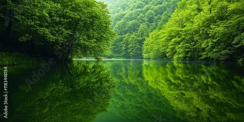 Lush green forests and vibrant leaves create stunning reflections in the serene lake, showcasing the beauty of nature and the tranquility offered by the green scenery around the water.