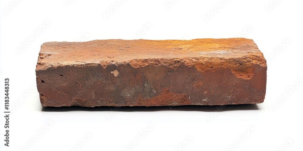 Fototapeta premium Brown brick resting on a white background, showcasing the unique texture and color of the brown brick. This brown brick stands out against the simplicity of the white background.