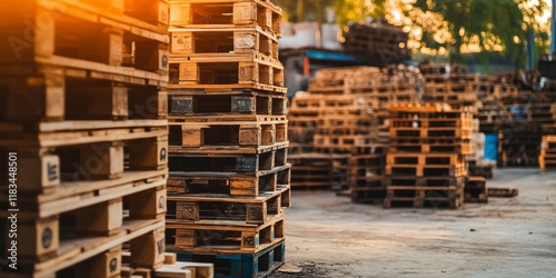 Schilderij op canvas A collection of wooden pallets is organized within a warehouse setting
