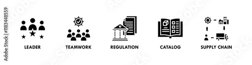 Production banner web icon illustration concept with icon of leader, teamwork, regulation, catalog, and supply chain