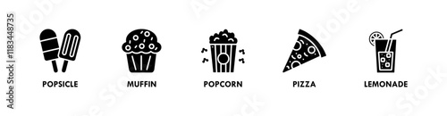 Birthday and Party banner web icon illustration concept with icon of popsicle, muffin, popcorn, pizza, and lemonade
