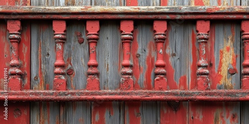 Wallpaper Mural A weathered red iron railing set against a rustic wooden backdrop creates a striking contrast, highlighting the unique textures of both the iron and wood. Torontodigital.ca