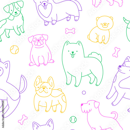 Outline colorful dogs pattern. Seamless vector doodle print with funny pets.