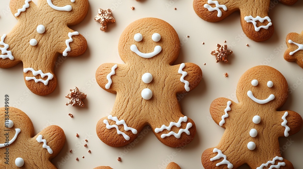 Decorated Gingerbread Men Cookies Arranged on Beige Background Decorated Gingerbread Men Cookies Arranged on Beige Background