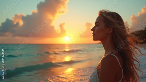 Serene woman with delicate facial features, warm golden skin tone, and long, gentle hair, gazing introspectively at a breathtaking sunset over the endless ocean, capturing the essence of tranquil cont