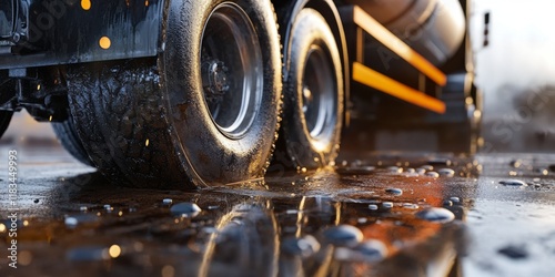 Close up view of a semi truck DEF tank leaking, showcasing the details of the DEF tank leak. Observe the semi truck s DEF tank in this close up perspective highlighting the leak. photo