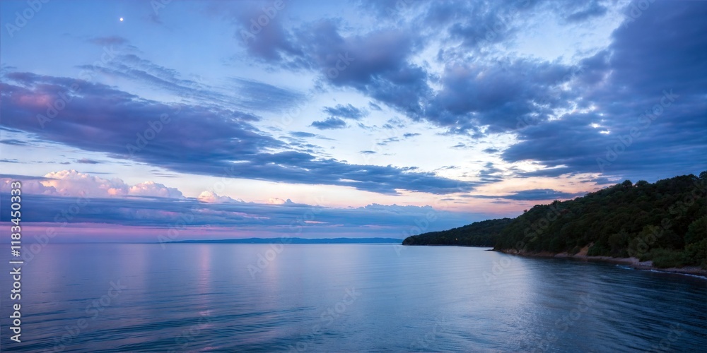Obraz premium Panorama of sea sunrise, ocean sunrise, seascape. Romantic colorful sunset at the sea. The sun touches horizon.