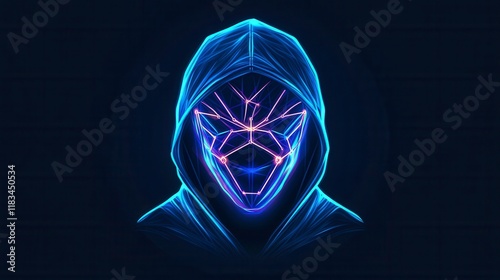 Futuristic digital artwork of a mysterious figure with a glowing geometric mask and hood, representing the intersection of technology and identity.