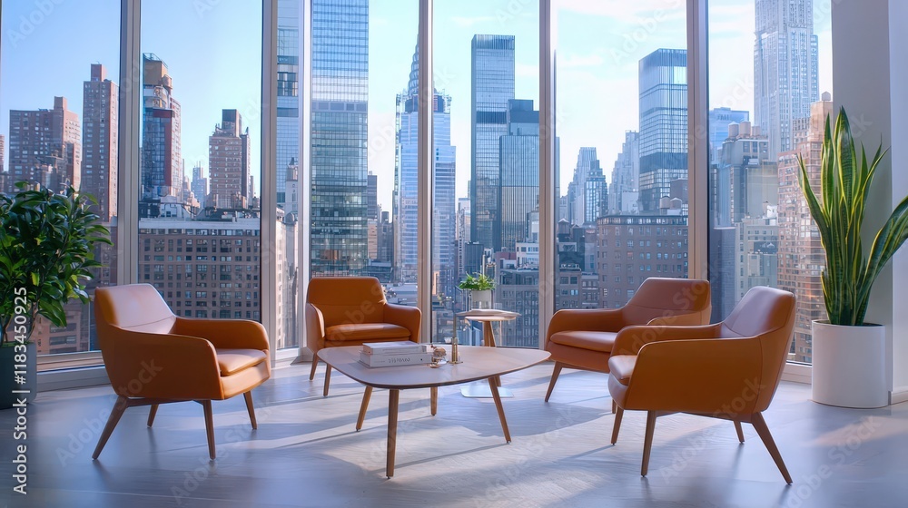 Obraz premium Ultra-clear shot of a corporate boardroom, panoramic city view, sleek furniture
