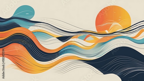 Abstract Wavy Lines in Orange Blue and Beige Tones photo