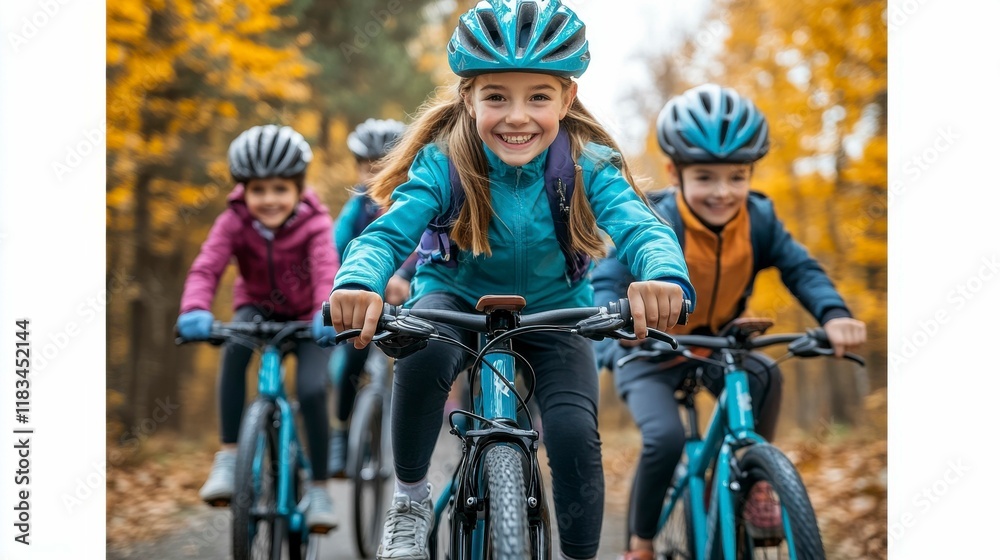 Fototapeta premium Picture of a happy family enjoying a bike ride in the countryside, with parents and children riding together under the bright blue sky, symbolizing health, joy, and togetherness.