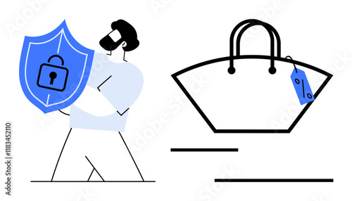 Man holding a blue shield with a lock, next to a handbag with a price tag. Ideal for security, protection, e-commerce, online shopping, privacy, cybersecurity user safety concepts. Abstract line photo