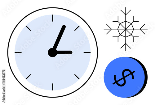 Clock with black hands, snowflake, and dollar sign on blue circle. Ideal for time management, financial planning, budget control, seasonal savings, productivity efficiency winter planning. Abstract
