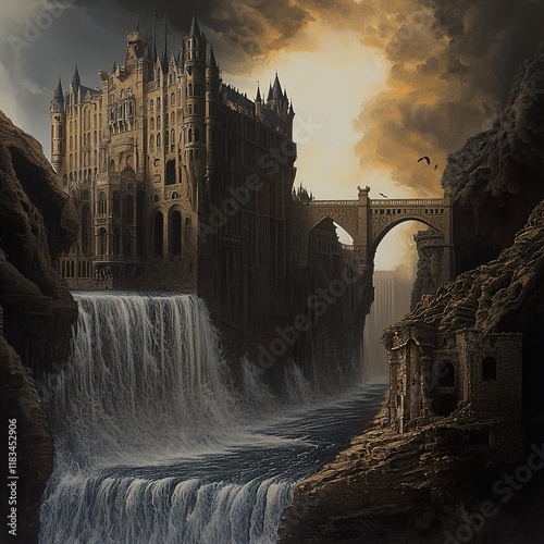Dark Castle by the Waterfall: A Fantasy Landscape