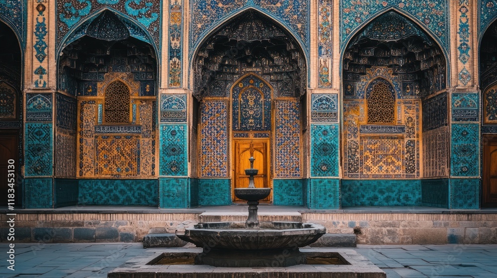 Obraz premium Traditional Persian house with ornate tilework, arched windows, and a tranquil central fountain in the courtyard 