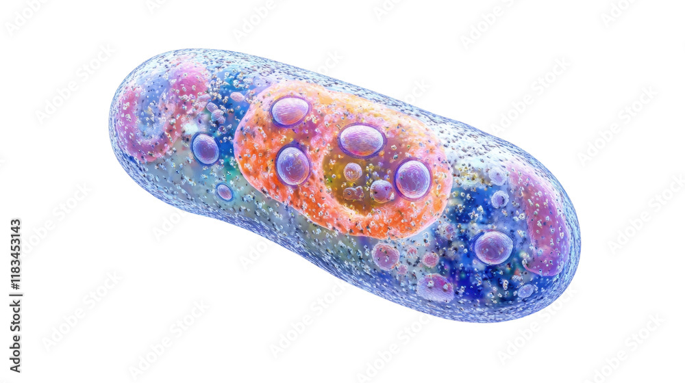 A 3D-rendered model of a bacterium with a smooth, semi-transparent membrane and internal structures, isolated on white. A 3D-rendered model of a bacterium with a smooth, semi-transparent membrane and internal structures, isolated on white.