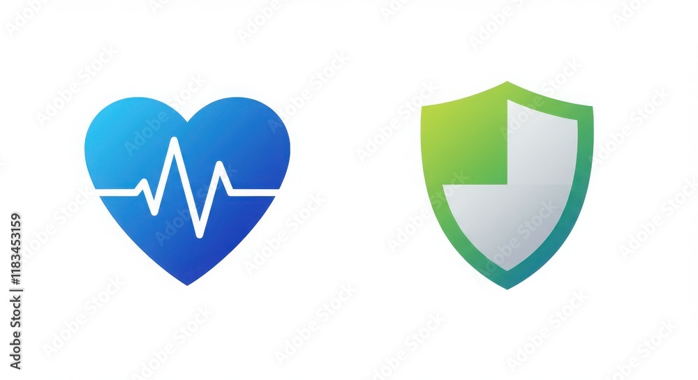 An orange heart with a heartbeat line and a blue shield representing health and protection An orange heart with a heartbeat line and a blue shield representing health and protection