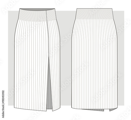 Midi knitted Skirt with front slit. Technical sketch. Vector illustration.