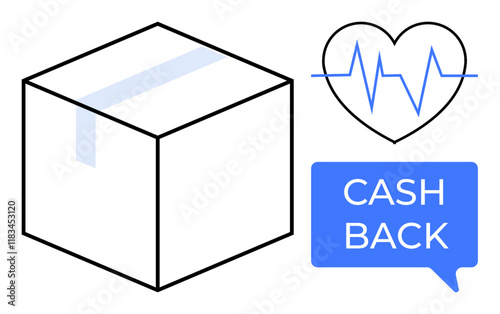 Package box, heartbeat line in heart shape, and cash back in speech bubble. Ideal for online shopping, delivery services, health monitoring, customer loyalty, e-commerce benefits, financial