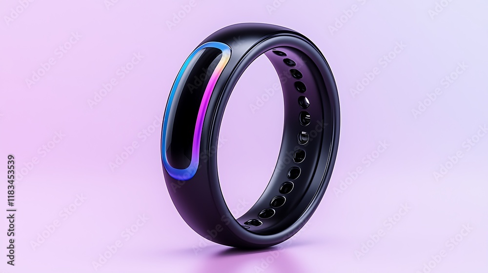 Sleek black smart ring with colorful display, isolated on purple background. Sleek black smart ring with colorful display, isolated on purple background.