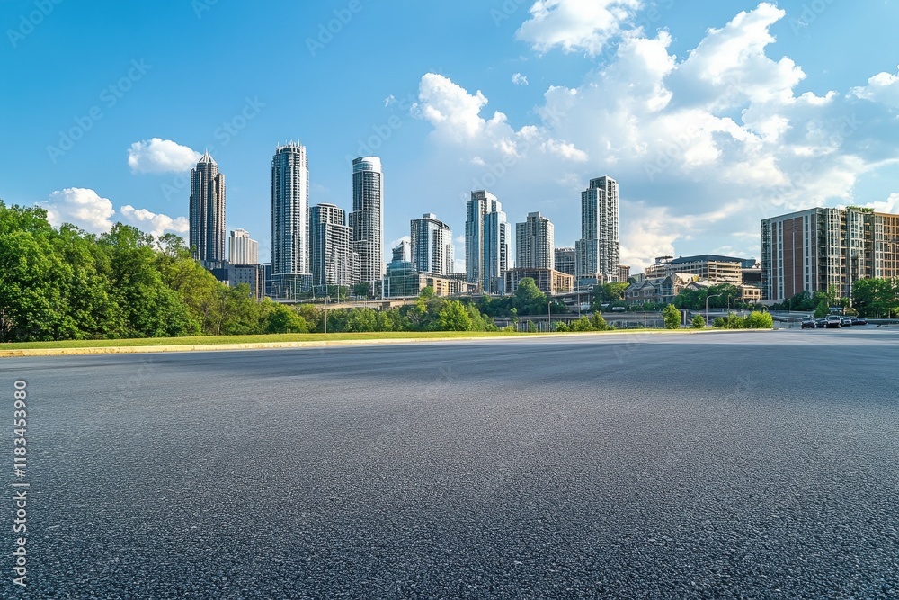 Asphalt road, city skyline, park, summer, urban landscape, transportation, background, advertising Asphalt road, city skyline, park, summer, urban landscape, transportation, background, advertising