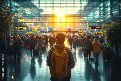 In bustling airport departure terminal on a sunny summer morning, a passenger eagerly awaits their international flight, taking in vibrant scene with a wide-angle view of bustling crowd, colorful arra photo