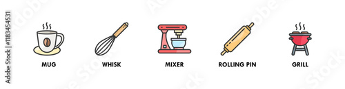 Kitchen Set banner web icon illustration concept with icon of mug, whisk, mixer, rolling pin, and grill