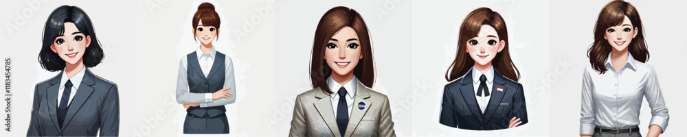 vector set of smiling female office worker characters vector set of smiling female office worker characters